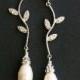 Rhinestone Leaf Bridal Earrings, Vintage Inspired Bridal Wedding Earrings, Ivory White Pearl Drops, Silver Leaf Bridal Jewelry, Eden