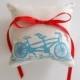 Tandem Bicycle Wedding Ring Bearer Pillow 4 x 4 inches on Aqua Ink on Ivory Cotton