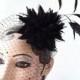 Black Birdcage Veil, Halloween Bridal Head Piece, Black Feather Fascinator,Swarovski Crystal Dotted Veil. Hair Accessory, Flower Head Piece