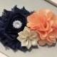 Navy, Peach & Ivory Flower Headband - Wedding Flower Girl Hair Bow in Navy Blue and Peach Color Combination - Available on Headband or Clip