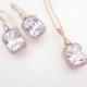 Rose gold Bridal earrings, Rose gold Wedding necklace, Rose Gold Wedding jewelry set, Emerald cut earrings, Simple Bridal necklace