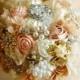 Romantic Fabric Flower and Brooch Bouquet - Ivory, Peach, Pink , Champagne, Blush OR YOUR COLORS