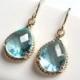 Aquamarine blue topaz glass gold tear shape dangle drops french wire earrings.  Bridal earrings.  Bridesmaids earrings.  Wedding jewelry.