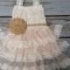 Rustic Flower Girl Dress-Lace Pettidress/Rustic Flower Girl Outfit/Wheat Cream Flowergirl/Country Wedding-Burlap Flower Girl-Buralp Sash