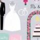 Wedding clipart. Romantic marriage clipart include wedding arch, wedding cake, wedding bouquet, wedding ring, champagne, veils, etc.