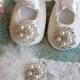 Baby Girl   Lace  Crib Shoes and headband set,  ,Baby Shoes,Christening, Baptism, Wedding, Ready to ship