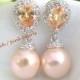 Pink Pearl Wedding Earrings - Bridal Peach Champagne & Cubic Zirconia Sparkly Drop Maid of Honor Bridesmaid Jewelry Gifts
