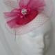Bright Cerise Pink Veil Crinoline Swirl & Pearl Rhinestone Fascinator Mini Hat Wedding - 'Custom Made to Order'
