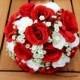 White Red Rose Gypsophilla Wedding Bouquet - Bridesmaid bouquet, flower girl, bridesmaid, bride, wedding, bridal, reception, centrepiece