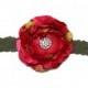 Large Cranberry Silk Flower on Olive Green Lace Elastic headband with Pave Rhinestone Button Center - Valentine's, Spring