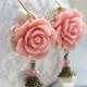 Coral Pink Rose Earrings Swarovski Pearl Drop Floral Dangle Pink Flower Leverback Bridal Accessories Wedding Jewellery Bridesmaids Gift