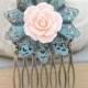 Pink Rose Comb Flower Hair Combs Bridal Wedding Hair Accessories Shabby Chic Pink Peach Rose Patina Antique Brass Filigree Metal Hair Combs
