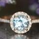 Natural Aquamarine Halo Engagement Ring in 14k Rose Gold Half Diamond Eternity Band 7x7mm Gemstone Aquamarine Ring (Wedding Set Available)