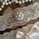 SALE-Wedding Garter-Garter-Bridal garter-Pearl-Ivory Lace-Rhinestone-Applique-Pearls-Belt-Ivory-Vintage-Stretch lace