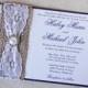 Elegant Wedding Invitation. Rustic Burlap. Vintage Lace Pearl Rhinestone Accent Invitation suite. Handmade.