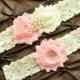 Wedding Garter Belt, Bridal Garter Set - Ivory Lace Garter, Keepsake Garter, Toss Garter, Shabby Chiffon Ivory Light Pink Wedding Garter