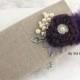 Linen Bridal Clutch Shabby Chic Rustic Wedding Clutch in Ivory, Silver and Purple Plum with Linen, Lace, Feathers & Pearls- Vintage Inspired