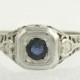 Art Deco Sapphire & Diamond Vintage Engagement Ring - 18k White Gold High Karat a3935