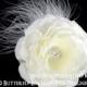 Bridal Hair Flower Clips, Bridal Headpiece, Wedding Hair Accessory, Fascinator - Creamy Ivory Moroccan Rose Flower Feather Clip - Rhinestone