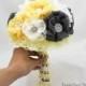 Medium Wedding Brooch Bouquet Bridal Beaded Bouquet Custom Bridesmaids Jeweled Flower Bouquet in Maize Yellow, Grey, Silver and Ivory