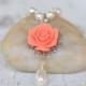 Coral Orange Rose and White Swarovski Pearl Teardrop Necklace, Bridal Necklace, Wedding Bridesmaids Jewelry