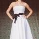 Short white wedding dress, strapless tea length wedding dress with a black sash