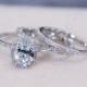 Three Rings - VS 6x8mm Blue Aquamarine Ring w/ Diamond Matching Band Wedding Ring Set 14K White Gold Aquamarine Engagement Ring