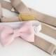 Light pink bow-tie & tan elastic suspender set, Adjustable neck strap and suspender, suspender and bow tie 6month - 5 year