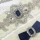 MADRID II - Sapphire Blue Wedding Garter Set, Stretch Lace Garter, Rhinestone Crystal Bridal Garters, Something Blue