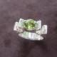 Natural Peridot Moden Flower Ring - Sterling Silver & 14k Yellow Gold Accents - Wedding Engagement Anniversary Promise Ring Special Occasion