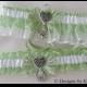 Irish Wedding Garter Set Celtic Heart Knot charms Handmade Spring Moss White Garters