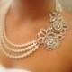 Bridal statement necklace, Bridal pearl necklace, Swarovski crystal necklace, Wedding jewelry, Crystal necklace, Vintage glamour necklace