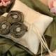 Dupioni Silk Flower Trio Pet Ring Pillow with Rhinestones and Swivel Collar Attachment..50 Plus Colors..shown in ivory/artichoke green