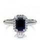 Emerald cut blue sapphire halo ring, white gold ring, emerald cut sapphire, blue engagement, vintage style, unique, diamond halo, wedding