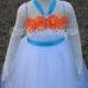 White Tutu Dress With Orange Shabby Flowers Turquoise Sash Wedding Birthday 12 Month- 4T Flower Girl Dress Tutu Dress