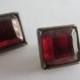 Vintage button- Beautiful, 2 matching small ruby red Cabochon Glass Rhinestone centers, square antique silver metal setting (apr 87)