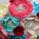Champagne, Coral, turquoise, aqua, yellow, red and burlap romantic heirloom brooch wedding bouquet.