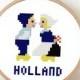 Funny cross stitch pattern of Delft Blue Holland boy kissing girl with Dutch Wooden Shoes and tulip. Engagement gift or wedding gift