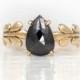 Rose Cut Black Diamond Ring. Black Pear Shaped Diamond Wisteria Ring in 14k Yellow Gold.  Black Diamond Engagement Ring