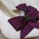 Wedding Shoes -- White Lace Peep Toe Wedding Shoes with Two-Toned Plum and Black Bow