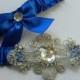 Wedding Garter,Bridal garter,Bride garter,Heirloom garter set, Royal Blue Satin With Crystals Beaded Applique