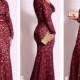Sexy New Burgundy Long Sleeves Lace Mermaid Evening Dresses Sheer Waist Floor Length Prom Gowns Online with $77.41/Piece on Hjklp88's Store 