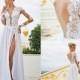 Long Sleeves Lace 2015 Illusion Wedding Dresses See Through Plunging V Neck Front Split Backless Garden Wedding Gowns A Line Bridal Gowns Online with $120.14/Piece on Hjklp88's Store 