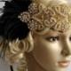 Gold black feather flapper Gatsby Headband, Wedding HCrystal Headband, Wedding Headpiece, Halo Bridal Headpiece, 1920s Flapper headband