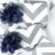 Set of 4 Gray Chevron Clutches with Navy Flower Bow, Customized Bridesmaid Bags in Wedding Colors
