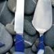 Sea Glass Wedding Cake Knife & Server Made With Recycled Bottle "Tumbled Island Glass" In White With Cobalt Stripes. Dishwasher Safe