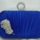 Royal Blue Feather Evening Clutch, Blue Wedding Handbag with Peacock Feather Crystal Brooch, Sapphire Blue Satin Box Clutch, Formal Handbag