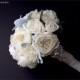IVORY silk jeweled bridal bouquet - Wedding bouquet with rhinestone and pearl brooch