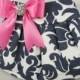 Pleated Clutch  Evening Bag  Purse  Wedding  Bridesmaid  AMSTERDAM  Navy and White with Hot Pink Satin Bow and Crystal