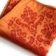 Orange Damask pocket square. Ornate silkscreen print. Men's pocket square. Vibrant carrot, coral orange & more. Groomsmen gift.